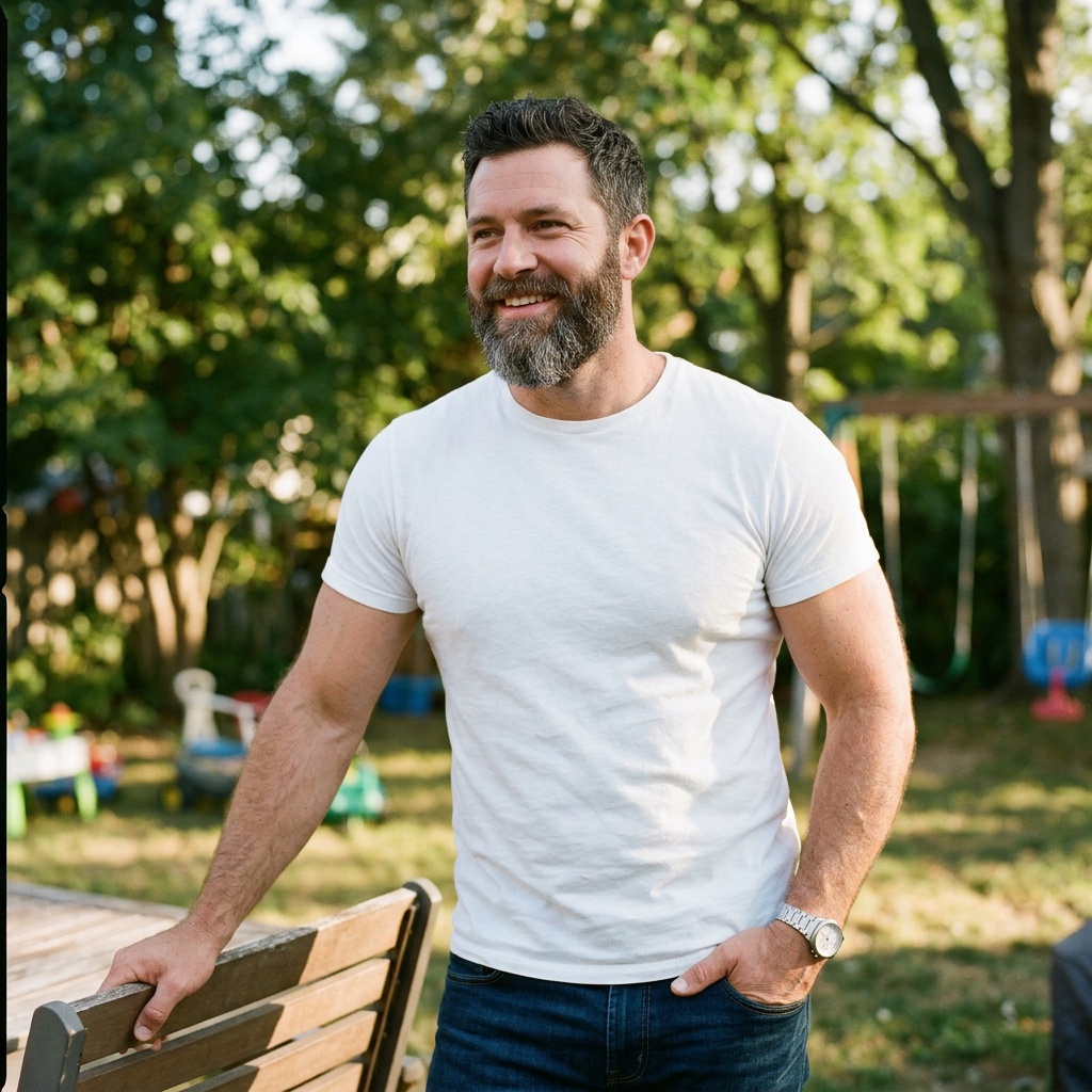 Smiling bearded man wearing white t-shirt and jeans outdoors